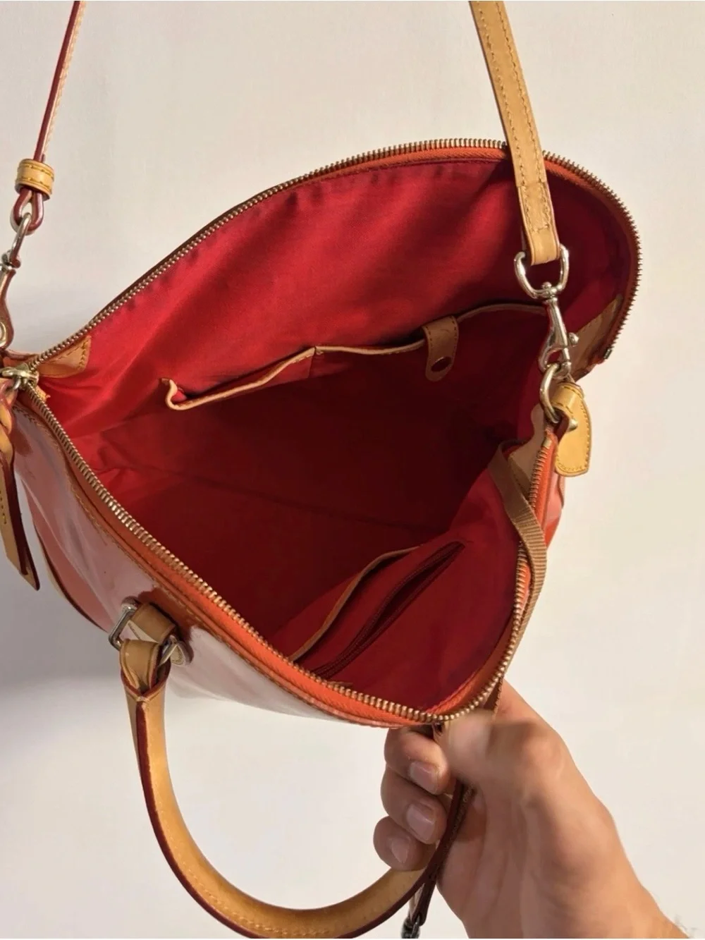 Dooney & Bourke Orange Patent Satchel with Tan Trim and Strap